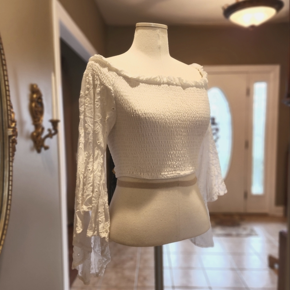 Surf Gypsy White Smocked Off-Shoulder Crop Top